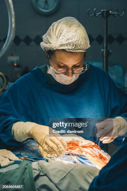 young female surgeon wearing glasses and a surgical mask suturing in the operating room. - heart bypass stock pictures, royalty-free photos & images