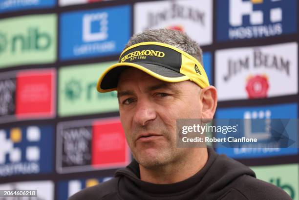 During a Richmond Tigers AFL Training Session & Media Opportunity at Punt Road Oval on March 07, 2024 in Melbourne, Australia.