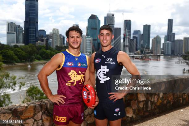 Cam Rayner of the Lions and Adam Cerra of Carlton pose during a 2024 AFL Opening Round Media Opportunity at Kangaroo Point on March 07, 2024 in...