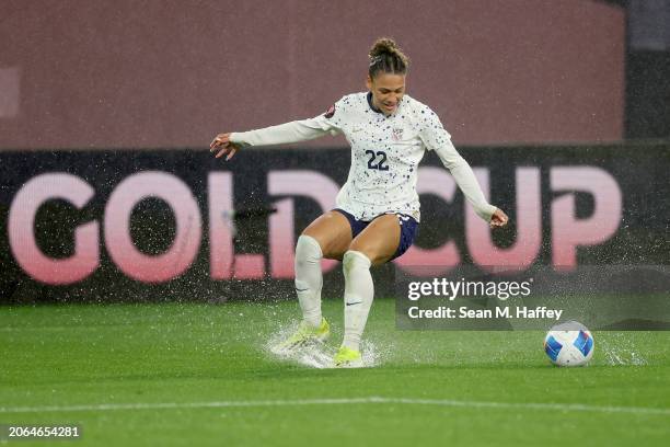 Trinity Rodman of the United States chases after the ball in the first half against Canada during the 2024 Concacaf W Gold Cup semifinals at...