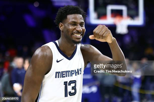Jaren Jackson Jr. #13 of the Memphis Grizzlies reacts after a game against the Philadelphia 76ers at the Wells Fargo Center on March 06, 2024 in...