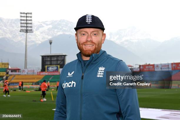 Jonathan Bairstow of England is presented with his 100th test cap ahead of day one of the 5th Test Match between India and England at Himachal...