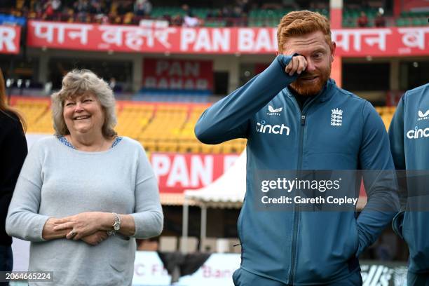 Jonathan Bairstow of England receives his 100th test cap alongside mum Janet ahead of day one of the 5th Test Match between India and England at...