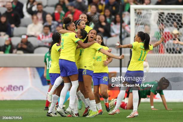 Brazil celebrates after a goal by Antonia in the first half against Mexico during the 2024 Concacaf W Gold Cup semifinals at Snapdragon Stadium on...