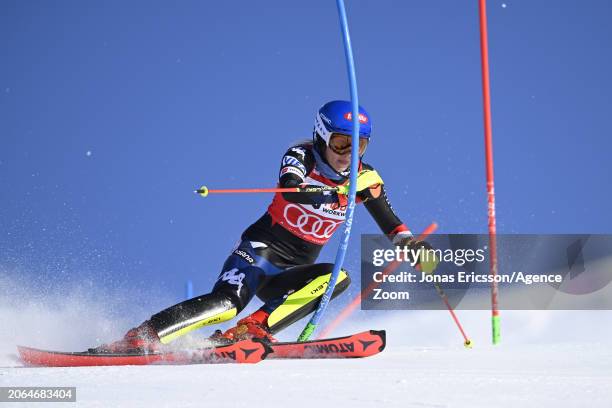 Mikaela Shiffrin of Team United States in action during the Audi FIS Alpine Ski World Cup Women's Slalom on March 10, 2024 in Are, Sweden.