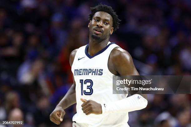 Jaren Jackson Jr. #13 of the Memphis Grizzlies looks on during the third quarter against the Philadelphia 76ers at the Wells Fargo Center on March...