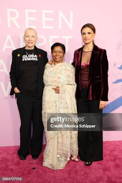 Annie Lennox, Kalpona Akter and Livia Firth attend the 2024 Green Carpet Fashion Awards at 1 Hotel West Hollywood on March 06, 2024 in West...