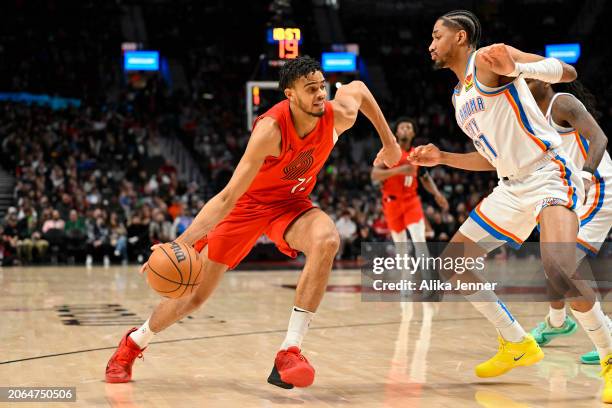 Rayan Rupert of the Portland Trail Blazers drives against Aaron Wiggins of the Oklahoma City Thunder during the second quarter of the game at the...