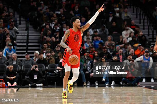 Anfernee Simons of the Portland Trail Blazers gestures during the first quarter of the game against the Oklahoma City Thunder at the Moda Center on...