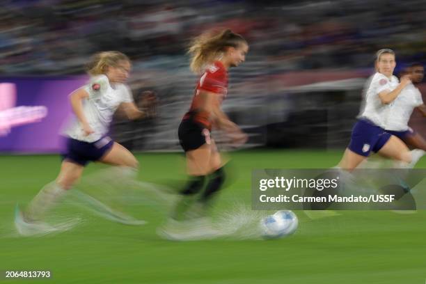 Jordyn Huitema of Canada advances the ball during the second half against the United States during the 2024 Concacaf W Gold Cup semifinals at...