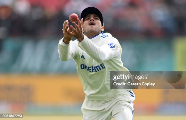 Shubman Gill of India catches out Ben Duckett of England during day one of the 5th Test Match between India and England at Himachal Pradesh Cricket...