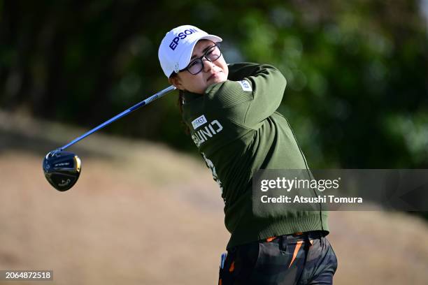Sakura Yokomine of Japan hits her tee shot on the 13th hole during the first round of MEIJI YASUDA LIFE INSURANCE LADIES YOKOHAMA TIRE GOLF...