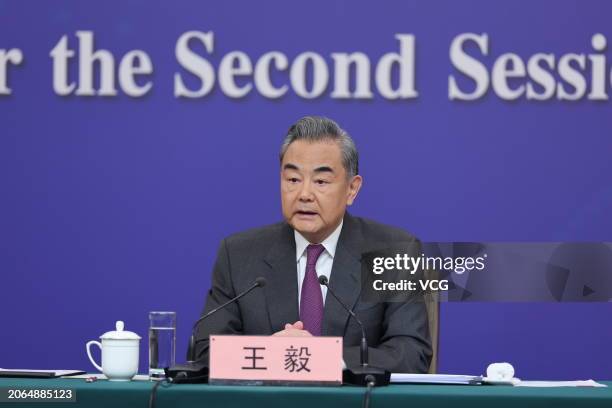 Chinese Foreign Minister Wang Yi attends a press conference on China's foreign policy and foreign relations on the sidelines of the second session of...