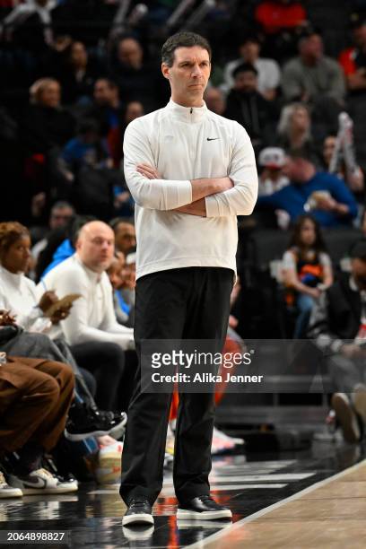 Head coach Mark Diagneault of the Oklahoma City Thunder looks on during the first quarter of the game against the Portland Trail Blazers at the Moda...