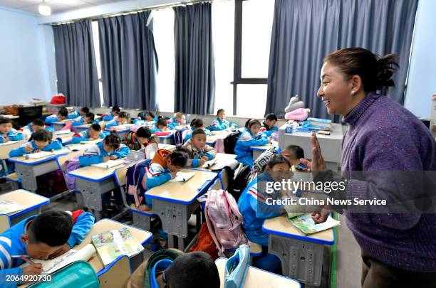Students take Tibetan language class at a primary school on March 6, 2024 in Lhasa, Tibet Autonomous Region of China.
