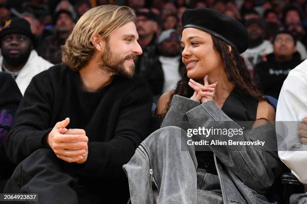 Tessa Thompson attends a basketball game between the Los Angeles Lakers and the Sacramento Kings at Crypto.com Arena on March 06, 2024 in Los...