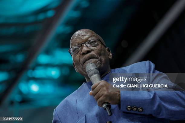 Former South African President Jacob Zuma speaks during the Shekainah Healing Ministries Prophetic Pillowcase service in Phillipi, near Cape Town, on...