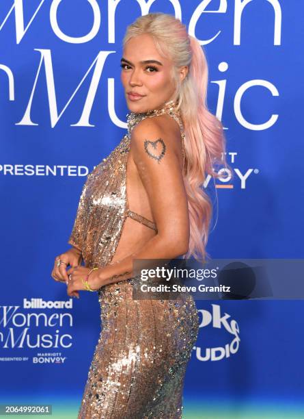 Karol G arrives at the 2024 Billboard Women In Music at YouTube Theater on March 06, 2024 in Inglewood, California.