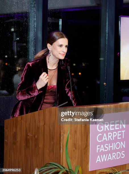 Livia Firth speaks onstage during the 2024 Green Carpet Fashion Awards at 1 Hotel West Hollywood on March 06, 2024 in West Hollywood, California.
