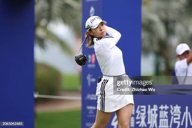 Hinako Shibuno of Japan hits a tee shot on 1st hole during the first round of the Blue Bay LPGA at Jian Lake Blue Bay Golf Course on March 07, 2024...
