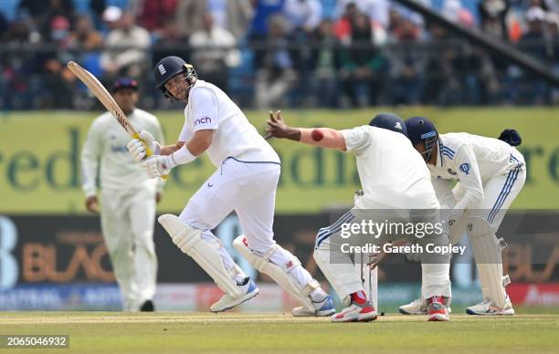 Joe Root of England bats during day one of the 5th Test Match between India and England at Himachal Pradesh Cricket Association Stadium on March 07,...