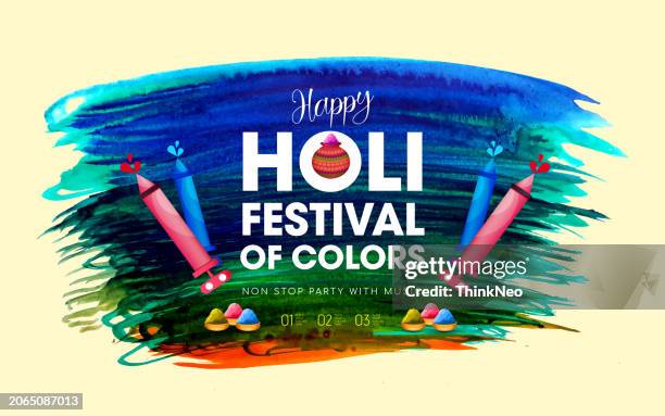 happy holi festival poster template with holi powder color bowls. - holi colours stock illustrations