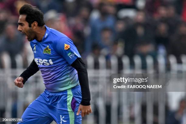 Multan Sultans' Mohammad Ali celebrates after taking the wicket of Islamabad United's Agha Salman during the Pakistan Super League Twenty20 cricket...