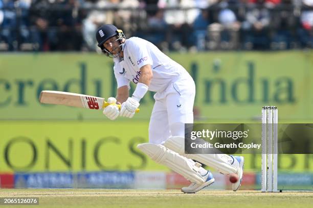 Joe Root of England bats during day one of the 5th Test Match between India and England at Himachal Pradesh Cricket Association Stadium on March 07,...