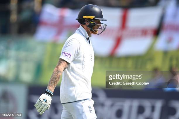 England captain Ben Stokes leaves the field after being dismissed by Kuldeep Yadav of India during day one of the 5th Test Match between India and...