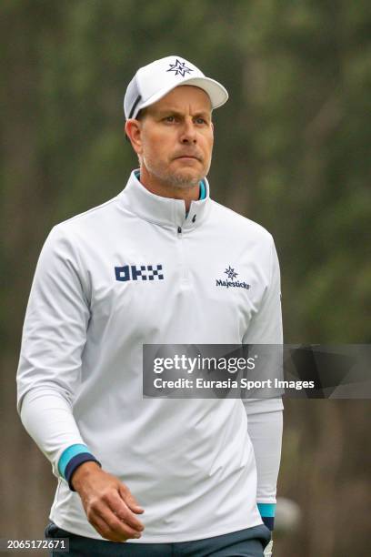 Henrik Stenson of Sweden reacts during day three of the LIV Golf Invitational - Hong Kong at The Hong Kong Golf Club on March 10, 2024 in Hong Kong,...