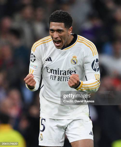 Jude Bellingham of Real Madrid CF celebrates their team's first goal socred by his team mate Vinicius Jr. During the UEFA Champions League 2023/24...