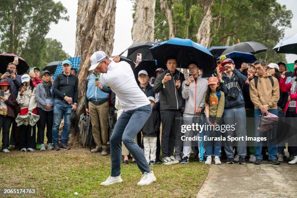 Henrik Stenson of Sweden plays an approach shot during day three of the LIV Golf Invitational - Hong Kong at The Hong Kong Golf Club on March 10,...