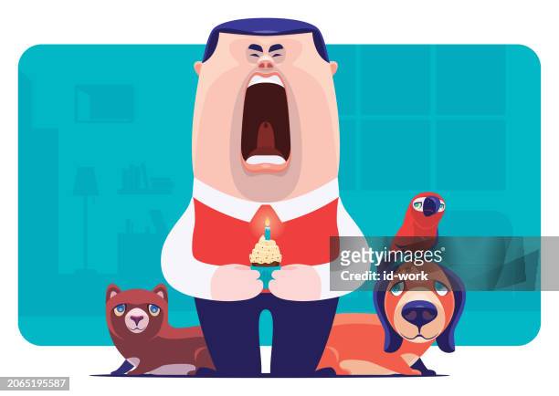 lonely man holding cupcake and screaming beside pets - birthday candles stock illustrations
