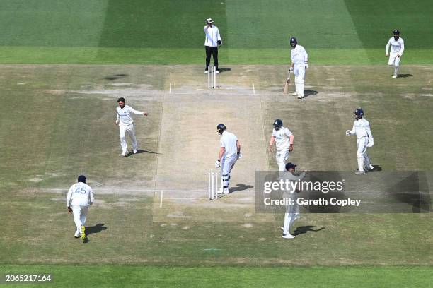 Kuldeep Yadav of India celebrates dismissing England captain Ben Stokes during day one of the 5th Test Match between India and England at Himachal...