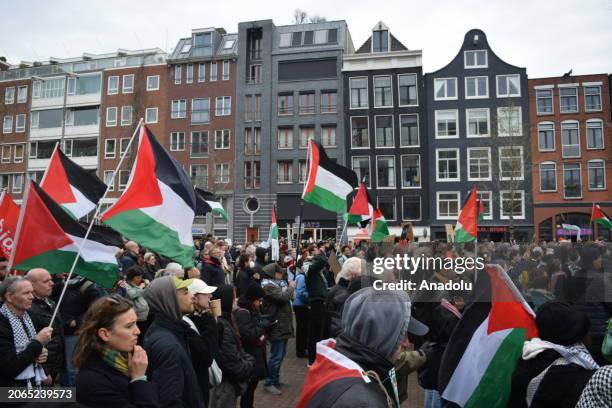 People stage a pro-Palestinian demonstration during the opening of the Holocaust Museum in Amsterdam, Netherlands on March 10, 2024. The Jewish...