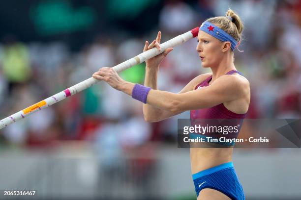 August 23: Sandi Morris of the United States during the Women's Pole Vault Final at the World Athletics Championships, at the National Athletics...