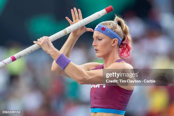 August 23: Sandi Morris of the United States during the Women's Pole Vault Final at the World Athletics Championships, at the National Athletics...