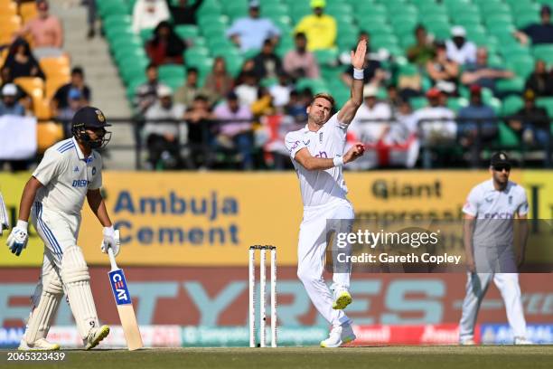 James Anderson of England bowls during day one of the 5th Test Match between India and England at Himachal Pradesh Cricket Association Stadium on...