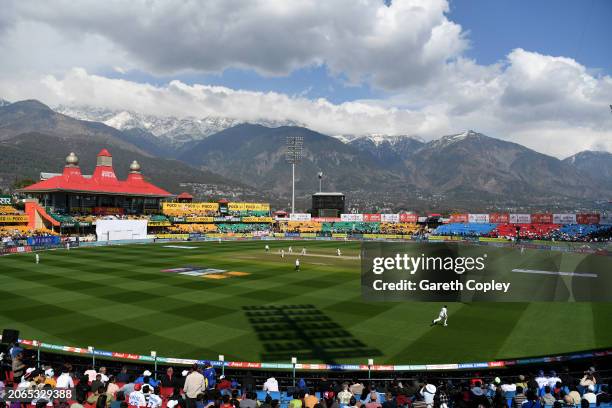General view of play during day one of the 5th Test Match between India and England at Himachal Pradesh Cricket Association Stadium on March 07, 2024...