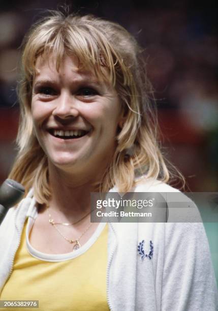 British tennis player Sue Barker being interviewed after competing in the Avon Championships at Madison Square Garden in New York, March 21st 1979.