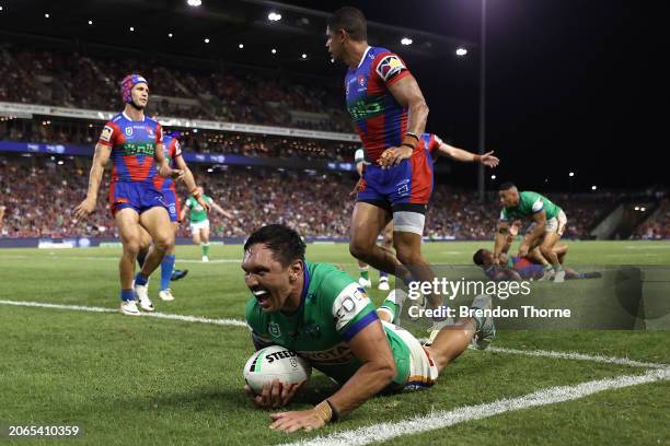 Jordan Rapana of the Raiders celebrates after scoring a try during the round one NRL match between Newcastle Knights and Canberra Raiders at McDonald...