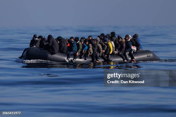 An inflatable dinghy carrying around 65 migrants crosses the English Channel on March 06, 2024 in the English Channel. According to official figures...