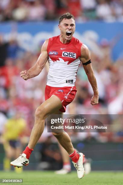 Will Hayward of the Swans celebrates a goal during the Opening Round AFL match between Sydney Swans and Melbourne Demons at SCG, on March 07 in...