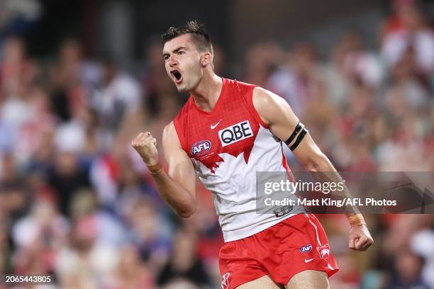 Logan McDonald of the Swans celebrates a goal during the Opening Round AFL match between Sydney Swans and Melbourne Demons at SCG, on March 07 in...