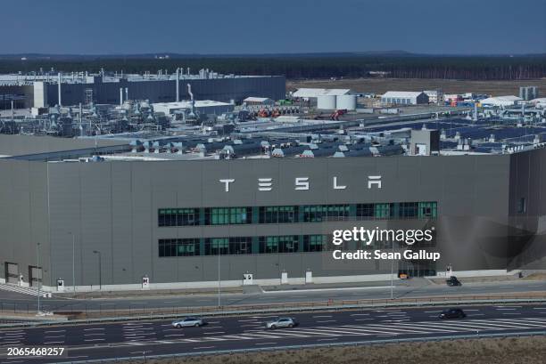 In this aerial view the Tesla Gigafactory stands on March 07, 2024 near Gruenheide, Germany. Tesla has announced that it is suspending production at...