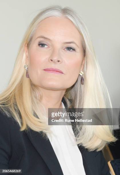 Crown Princess Mette- Marit meets organisations working to end violence against women at Stovner Police Station on March 7, 2024 in Oslo, Norway.