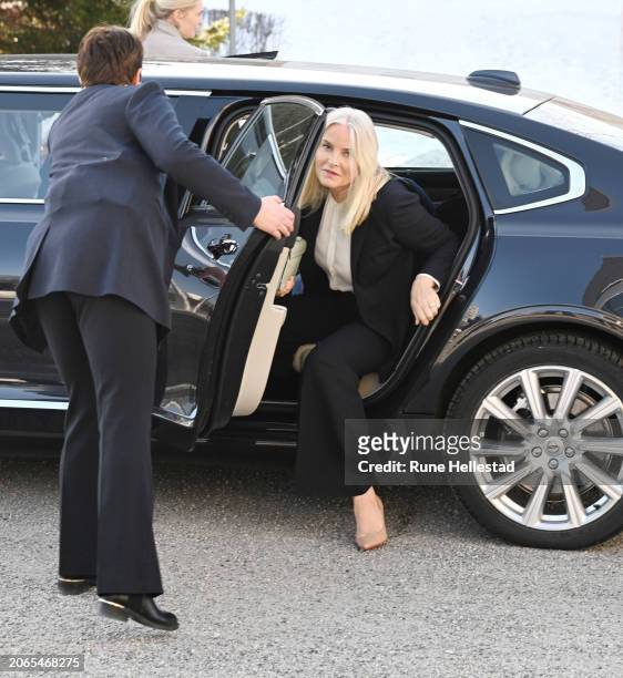 Crown Princess Mette- Marit meets organisations working to end violence against women at Stovner Police Station on March 7, 2024 in Oslo, Norway.