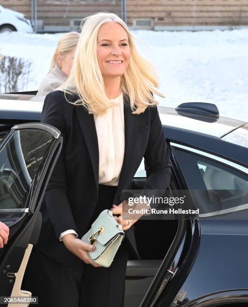 Crown Princess Mette- Marit meets organisations working to end violence against women at Stovner Police Station on March 7, 2024 in Oslo, Norway.