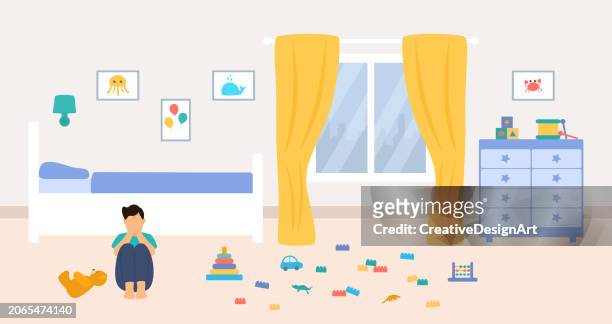 little boy crying and covering his face with his hands. childhood problems, insecurity and loneliness concept. child's room interior with bed, dresser and colorful toys - clutter stock illustrations