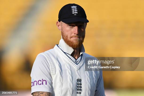 England captain Ben Stokes leaves the field at stumps on day one of the 5th Test Match between India and England at Himachal Pradesh Cricket...